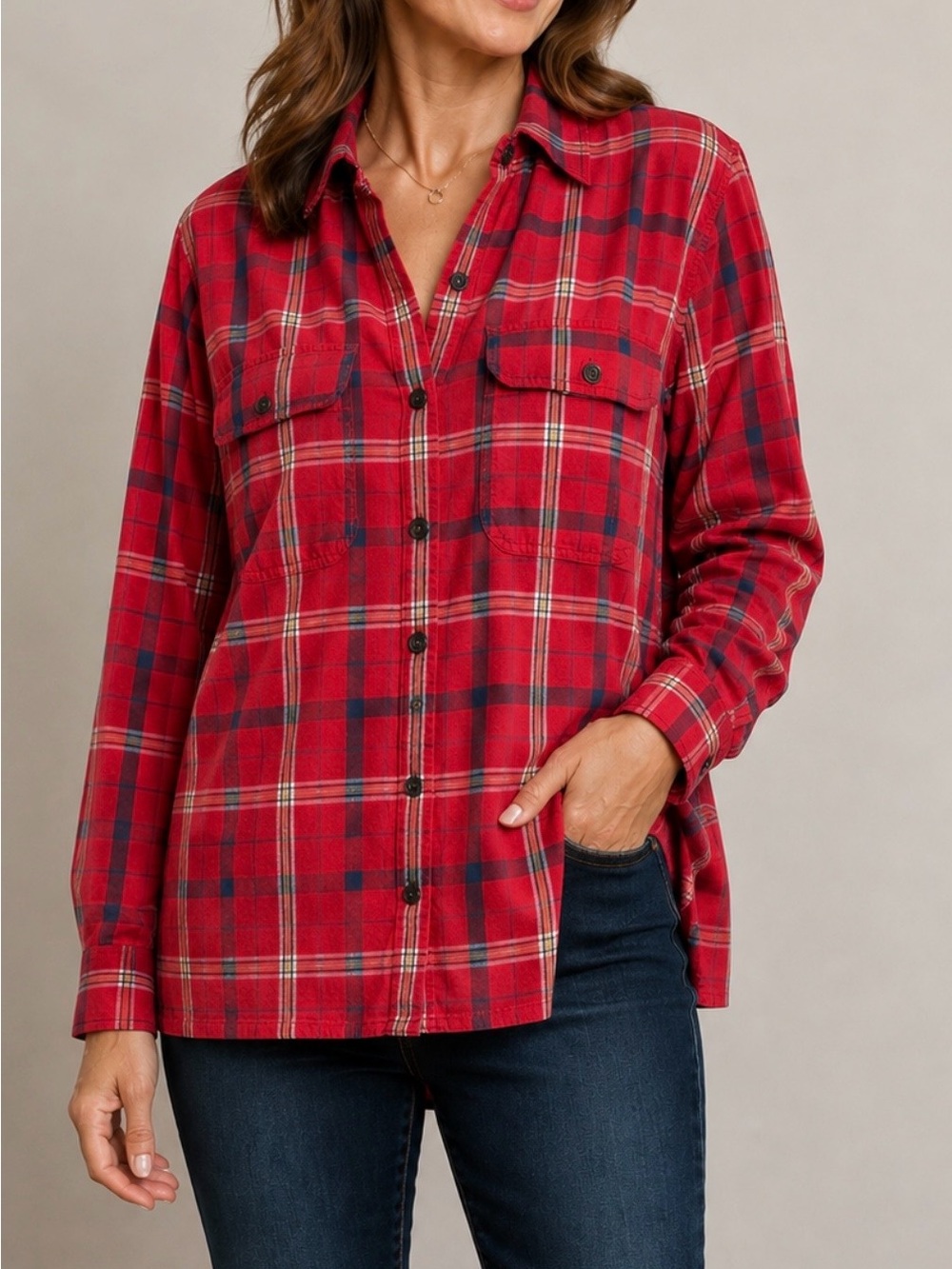 Vintage Liz Wear 100% Cotton Red Plaid Button-Up Shirt
